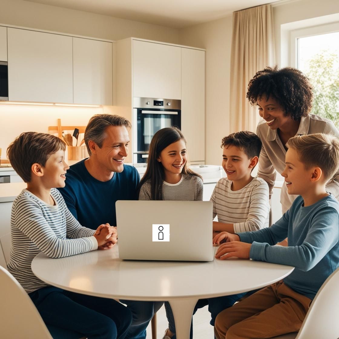 Keukentafelgesprek: jong gezin om de keukentafel met laptop in het midden