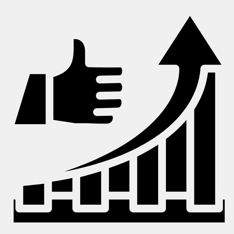 Menu-item Voordelen voor Bedrijven wordt grafisch weergegeven door een opwaartse grafiek, met een opwaartse pijl erboven en een thumbs-up.