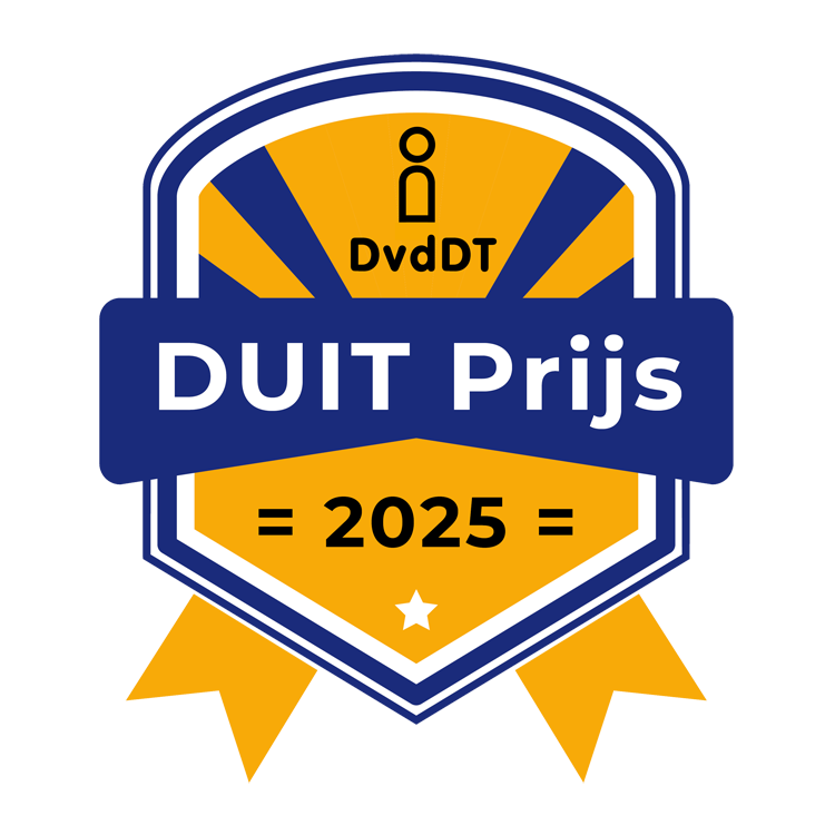 DUIT Prijs logo: een blauw met goudgele award badge met in de middelste blauwe banner 'DvdDT DUIT Prijs 2025' met een lint onderaan en het logo bovenin.