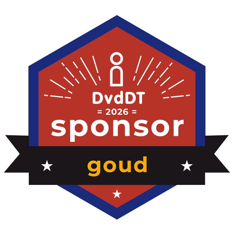 Logo Gouden Sponsor 2026: blauwe rand, binnenin rood. Witte streepjes bij het logo van Dag van de Digitale Toegankelijkheid, eronder het jaartal en ‘sponsor’. In de banner ‘Goud’.